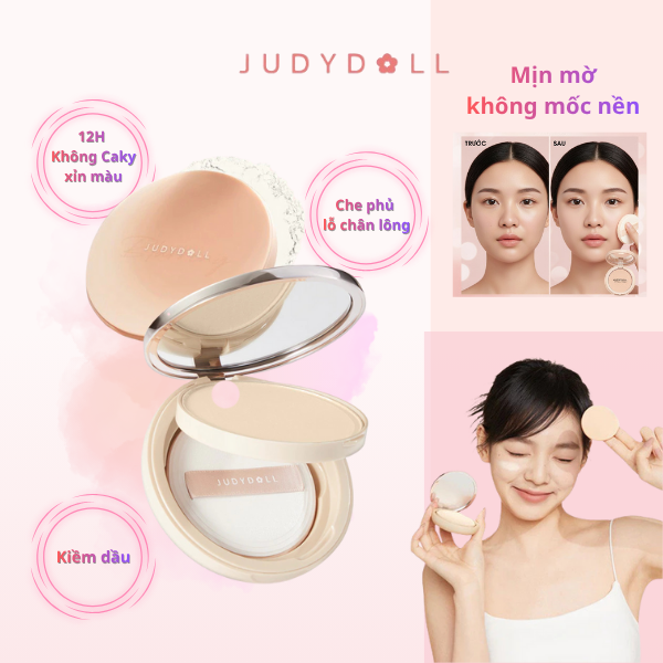 Phấn Nén Soft & Velvet Matte Powder Foundation JUDYDOLL Kiềm Dầu Chống Nước Chống Mồ Hôi Che Phủ Lỗ Chân Lông Siêu Mịn